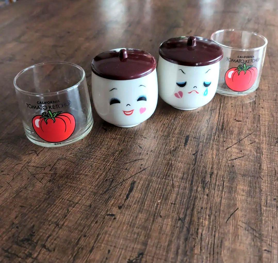 昭和レトロ☆ 内藤ルネ 蓋付き顔の湯呑み2個 と トマトのグラス2個