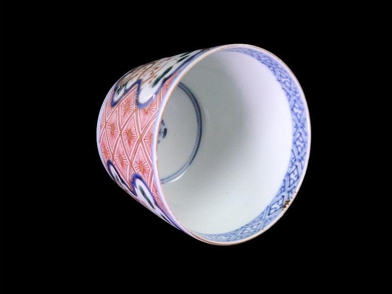 大聖寺伊万里 金襴手松竹梅に菊花四方襷紋の図 大振蕎麦猪口 E604AS