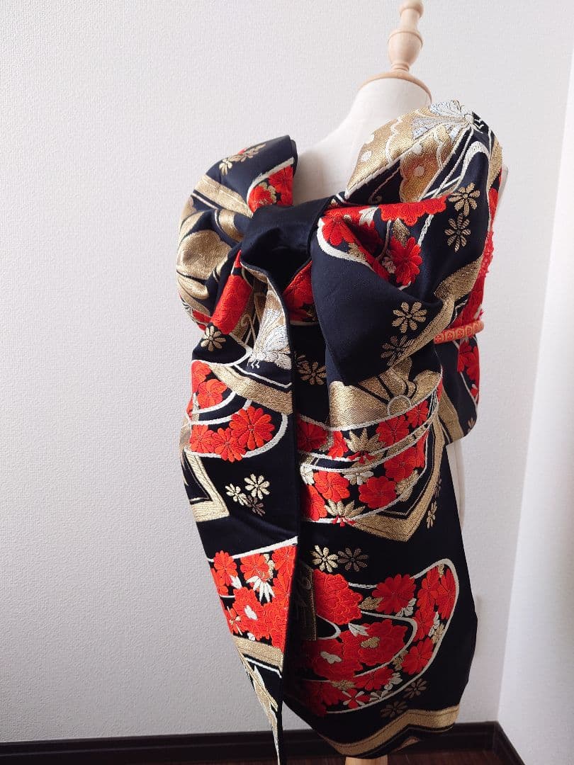 七五三　ジュニア帯　大人用正絹袋帯からの作り帯　1点物　だらり帯　蝶柄　黒