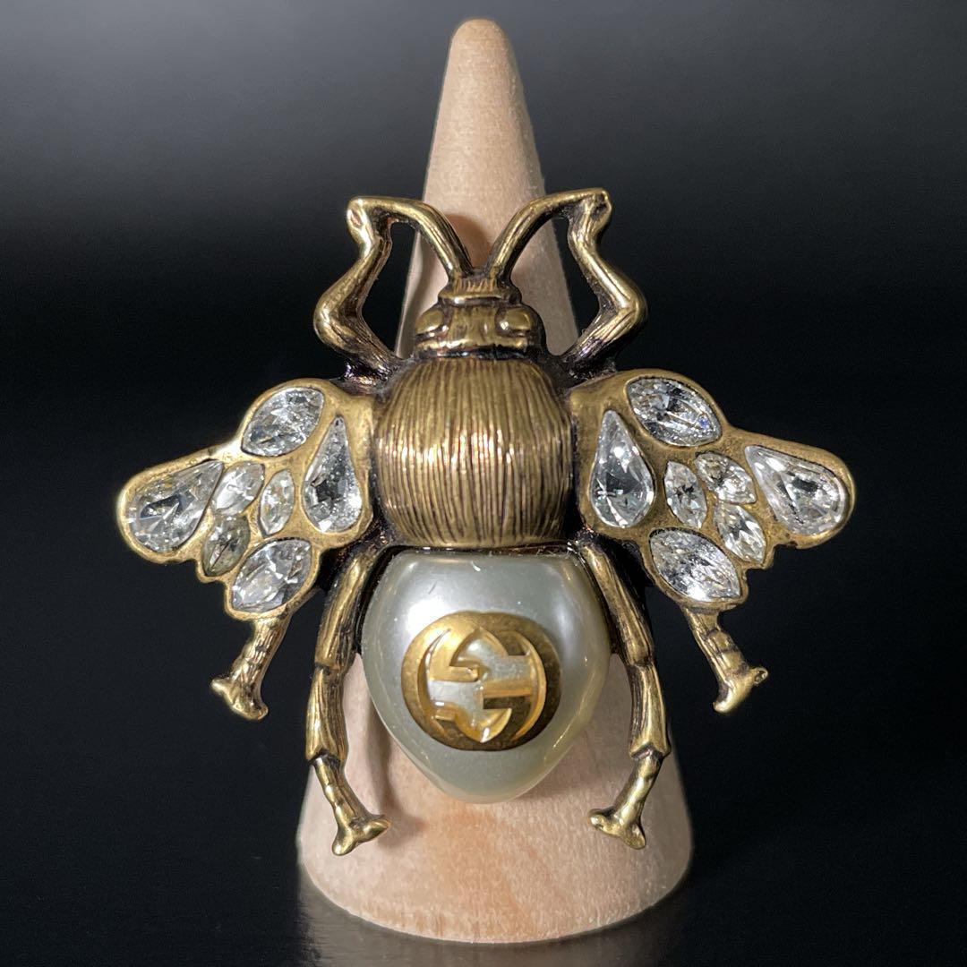 良品　グッチ リング インターロッキング 蜂 ビー パール ストーン 9号　指輪