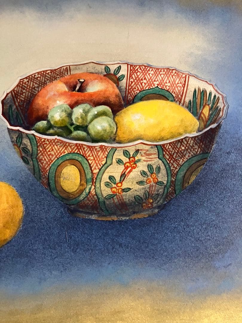 五十川昇乗　静物画 赤絵の器に果物の画　五十川頼石に師事