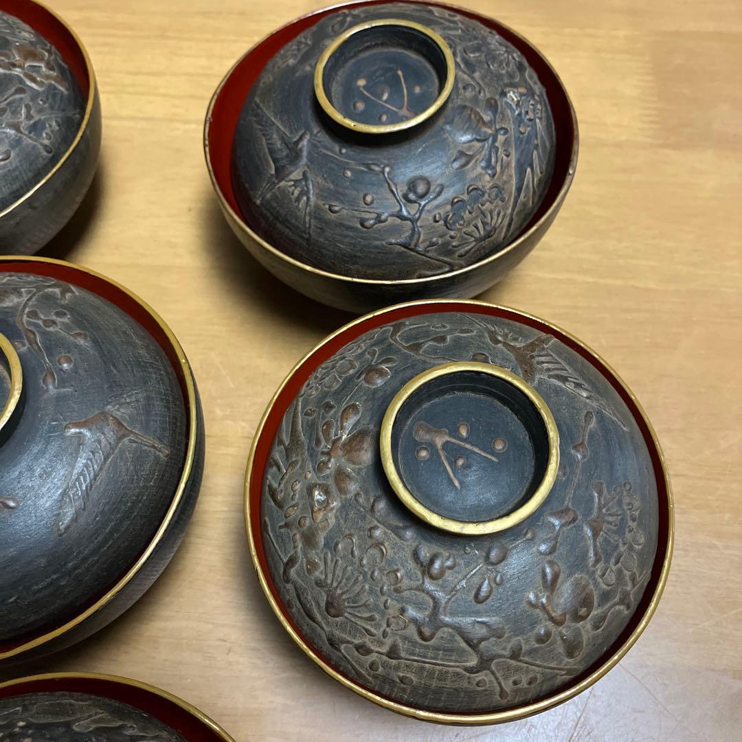 会津鉄錆塗（てつさびぬり）木製汁椀7客（明治〜大正