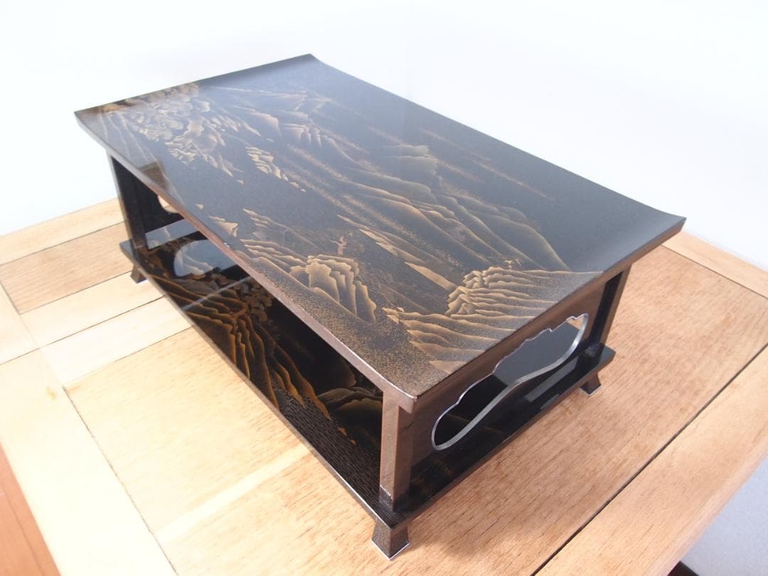 骨董・時代の美品】大名道具 二段平卓 山水蒔絵 香炉台/盆栽台/