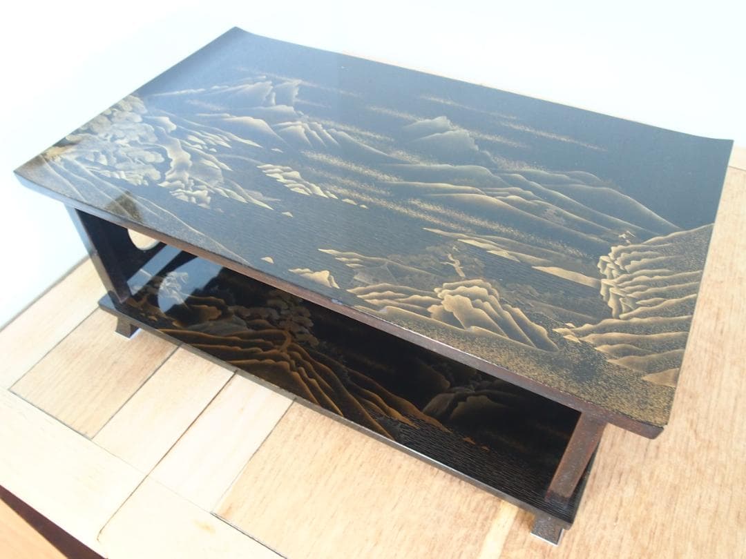 骨董・時代の美品】大名道具 二段平卓 山水蒔絵 香炉台/盆栽台/