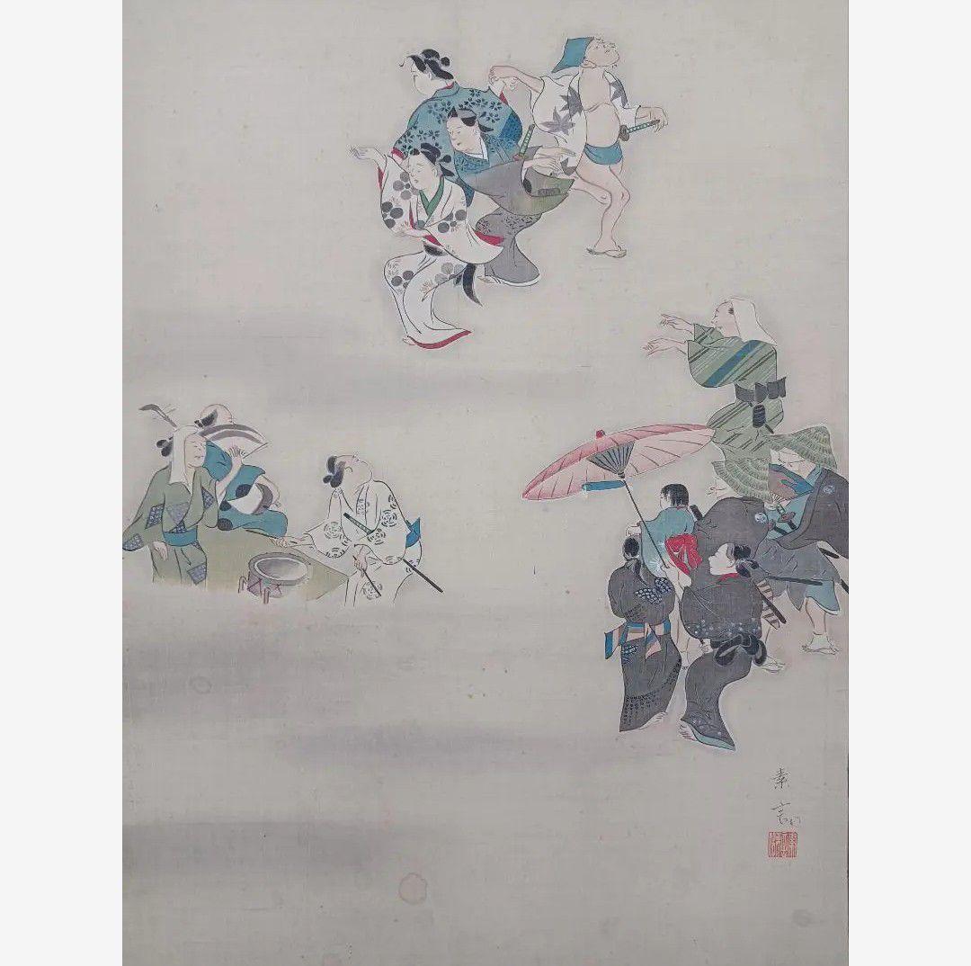 希少】慰霊 盆踊 舞 月夜神楽 絵 掛軸 仏教 日本画美術 骨董品 インテリア