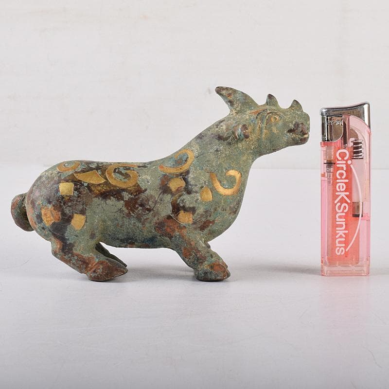 中国　青銅鍍金　金銀象嵌　神獣　置物　V　R8446