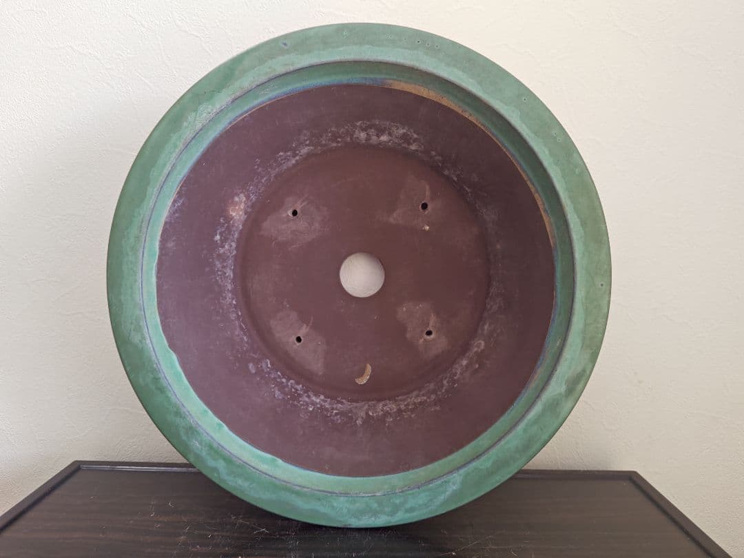 緑色の円型陶器製盆栽鉢 約42cm×15cm