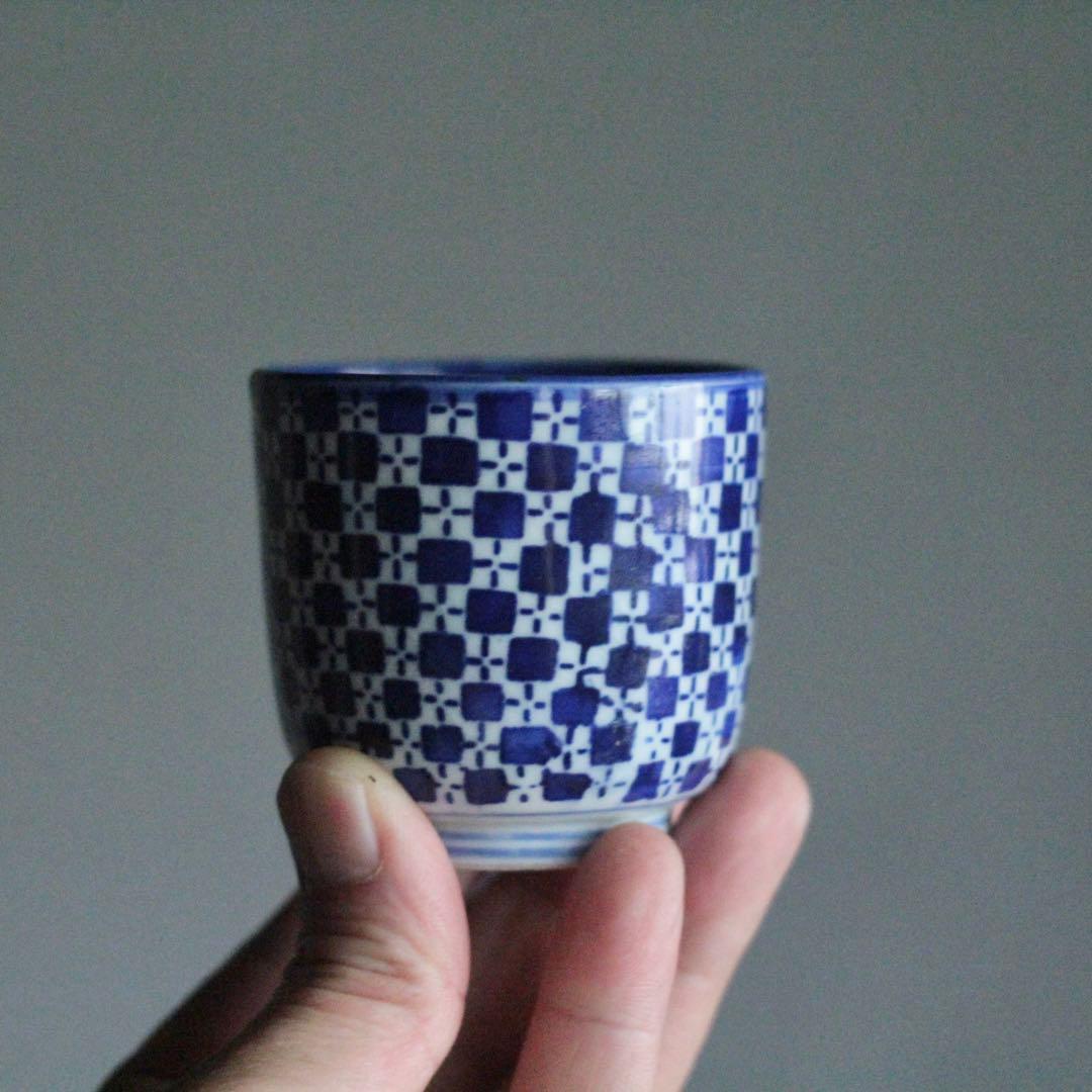 市松文様 筒盃 明治 印判 酒器 ぐい呑み 古美術 古道具 アンティークこ