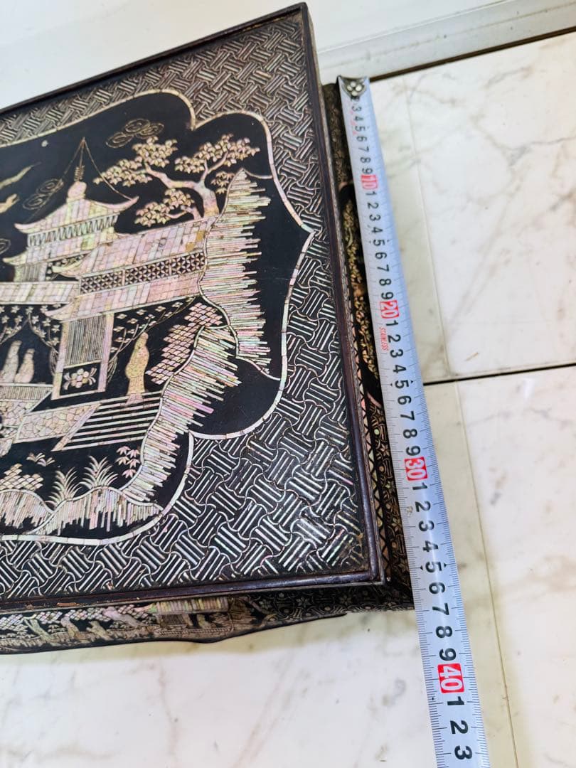 総螺鈿 細工 楼閣人物 長方平卓 61cm花台 飾台 香炉台 木製