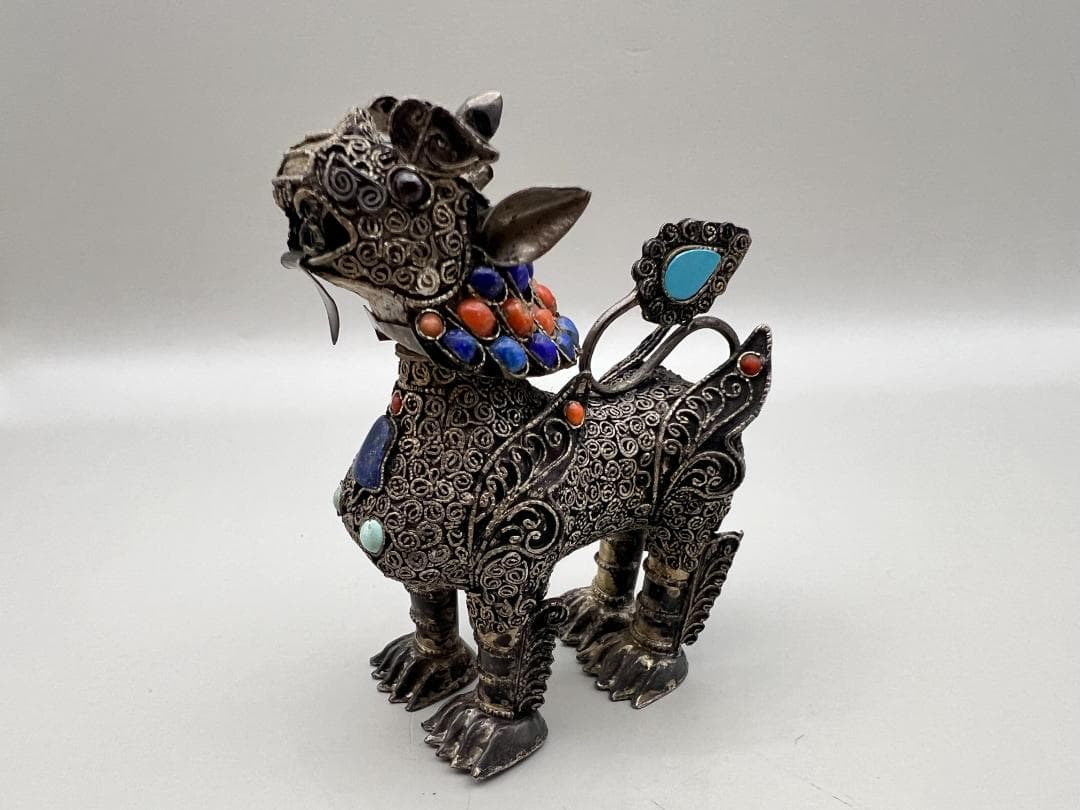 【海】民国期　銀製　獅子　珊瑚　ラピスラズリ　トルコ石装飾　中国骨董品