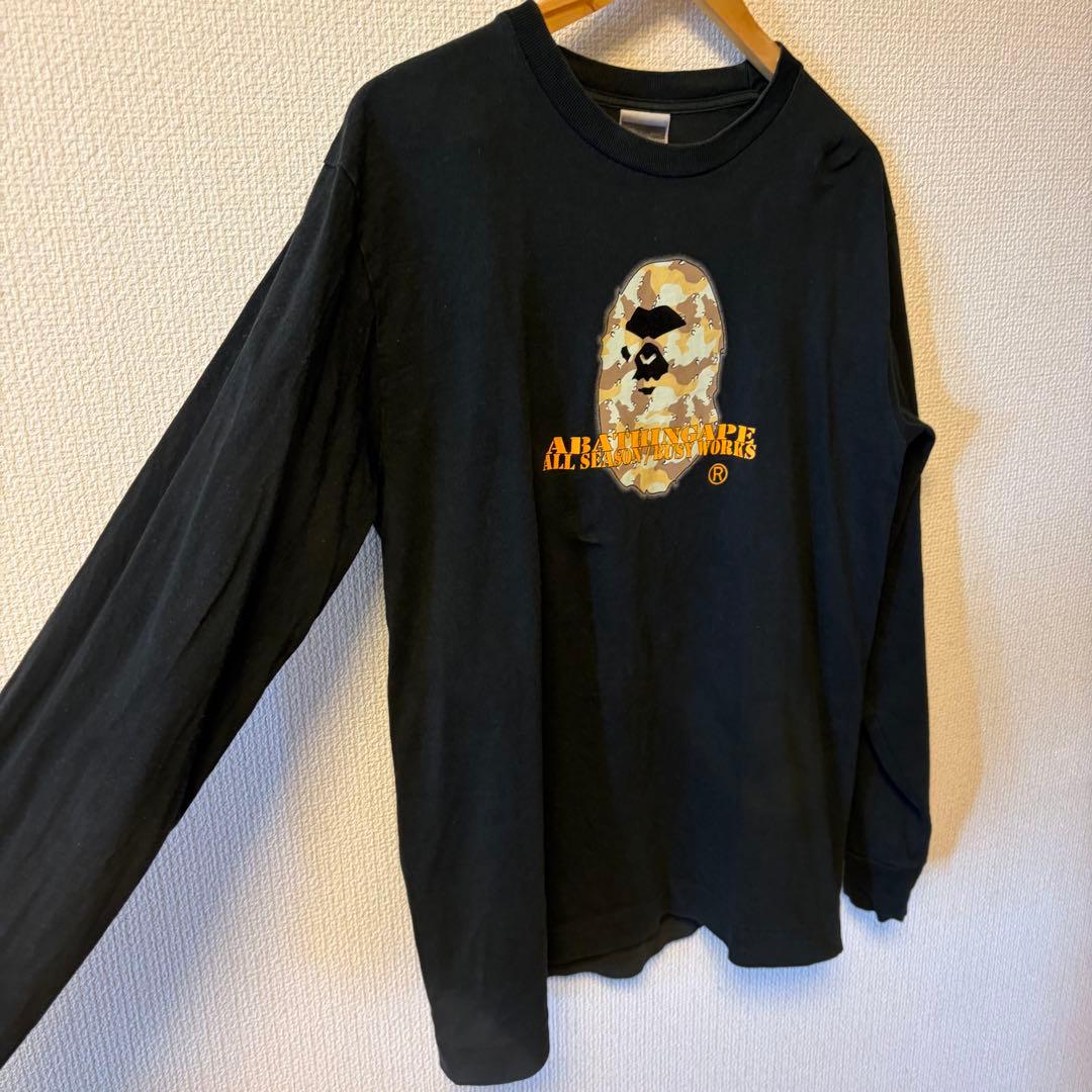初期タグ A BATHING APE カモフラージュロゴ 黒ロングスリーブシャツ