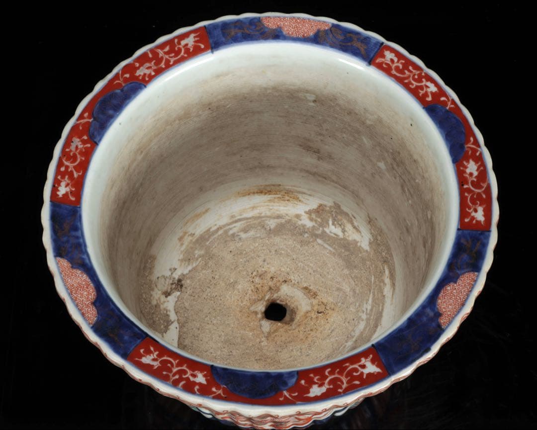 古伊万里 錦手丸鉢 色絵窓絵 鳳凰獅子文 植木鉢 蘭鉢 盆栽