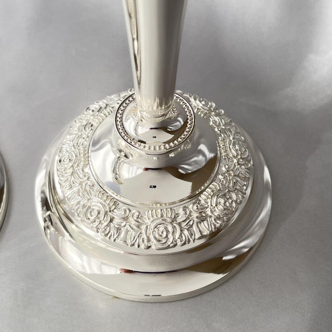 【QUEEN ANNE】 薔薇のキャンドルスタンド ペア【シルバープレート】