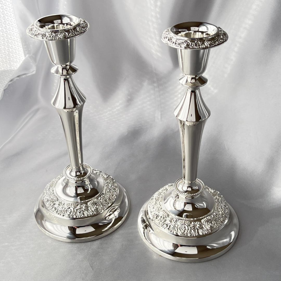 【QUEEN ANNE】 薔薇のキャンドルスタンド ペア【シルバープレート】