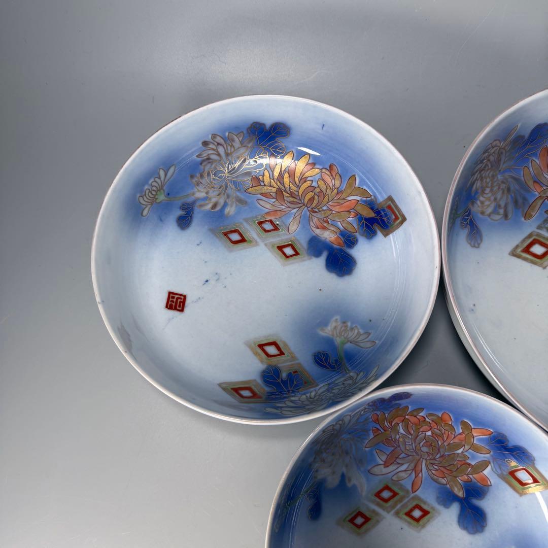 オールド深川製磁 明治時代 色絵菊文様三ツ鉢 深川ブルー 金彩 香蘭社