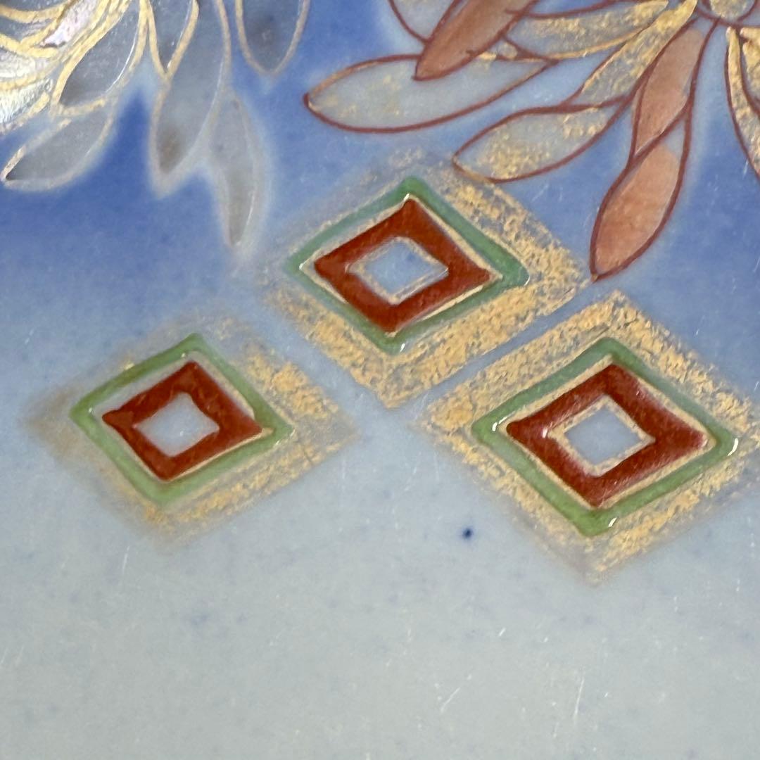 オールド深川製磁 明治時代 色絵菊文様三ツ鉢 深川ブルー 金彩 香蘭社