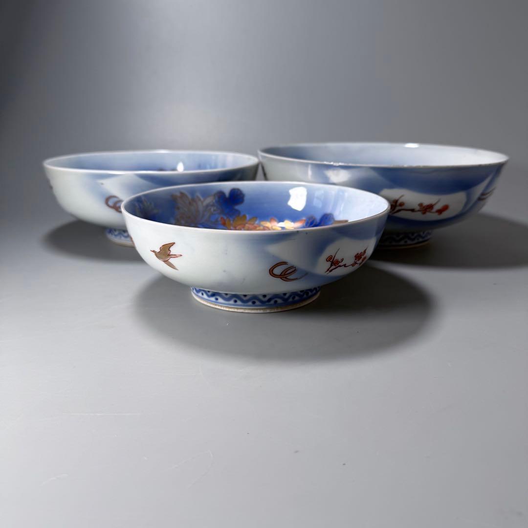 オールド深川製磁 明治時代 色絵菊文様三ツ鉢 深川ブルー 金彩 香蘭社