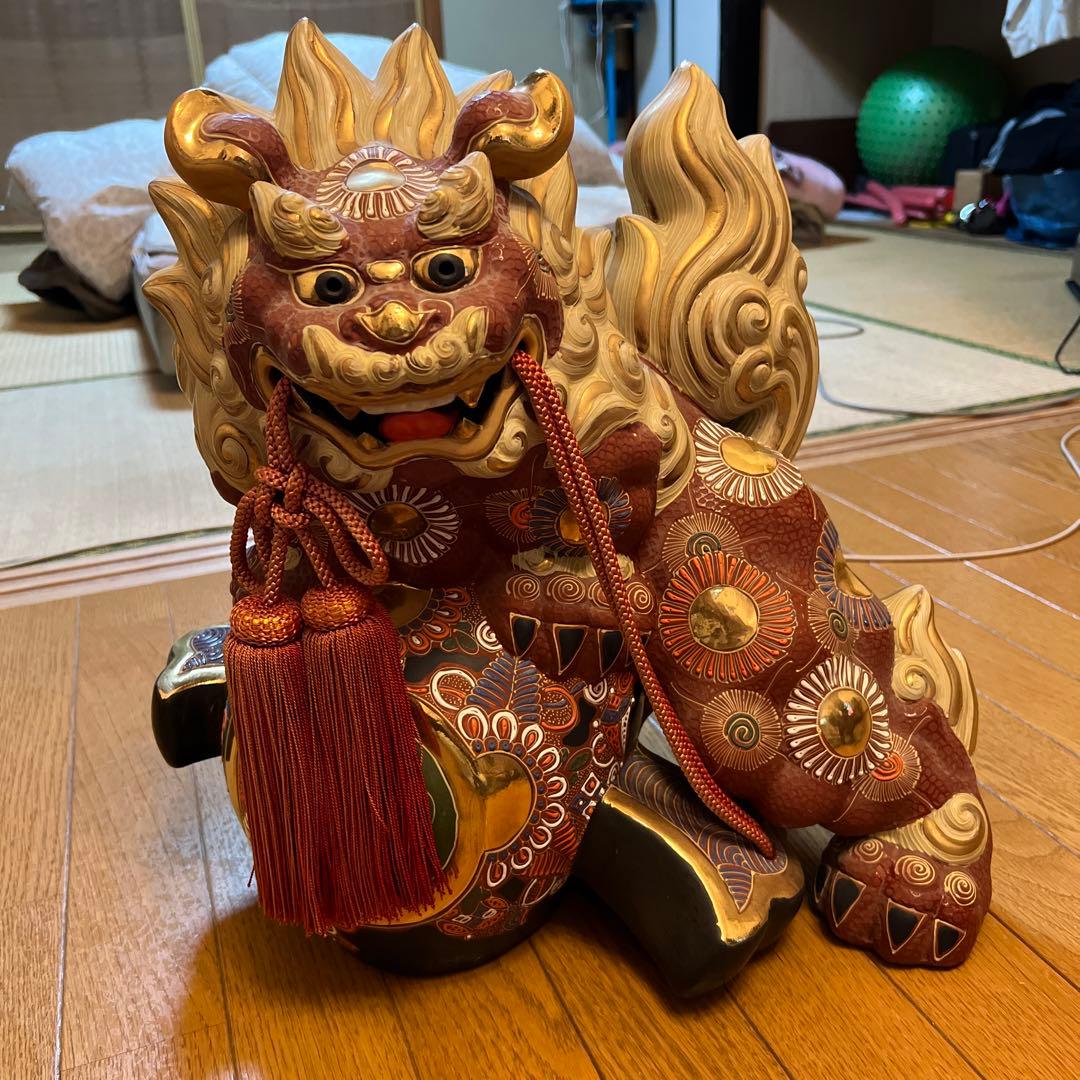 九谷焼 太吉 色絵金彩 獅子置物 赤獅子 玉獅子 玉乗り特大獅子 47㎝