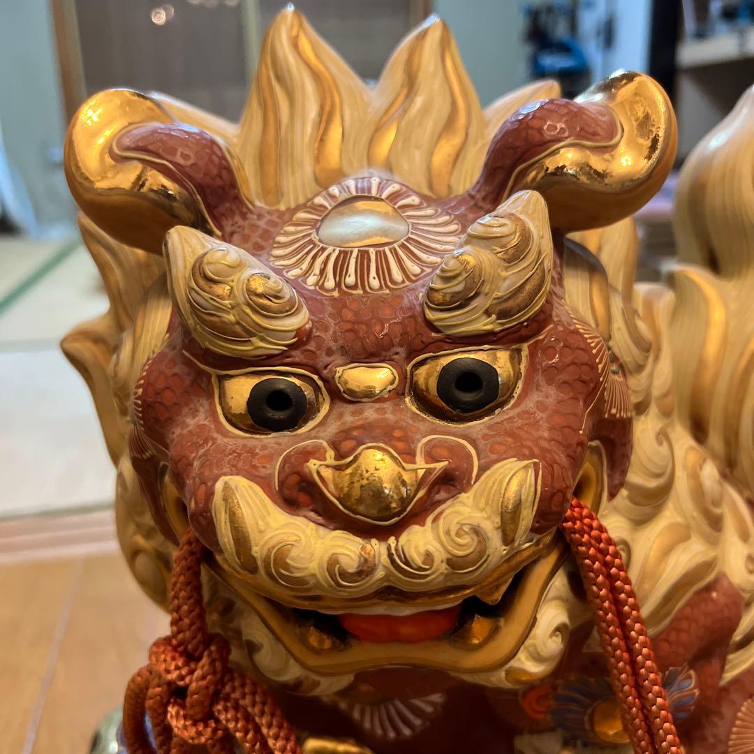 九谷焼 太吉 色絵金彩 獅子置物 赤獅子 玉獅子 玉乗り特大獅子 47㎝