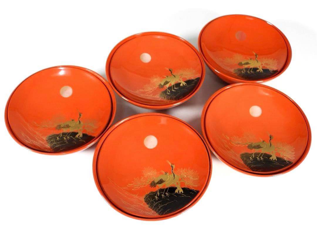 金蒔絵 千羽鶴 煮物椀 5客 木製漆器 天然木 輪島金沢能登 汁椀　蓋碗