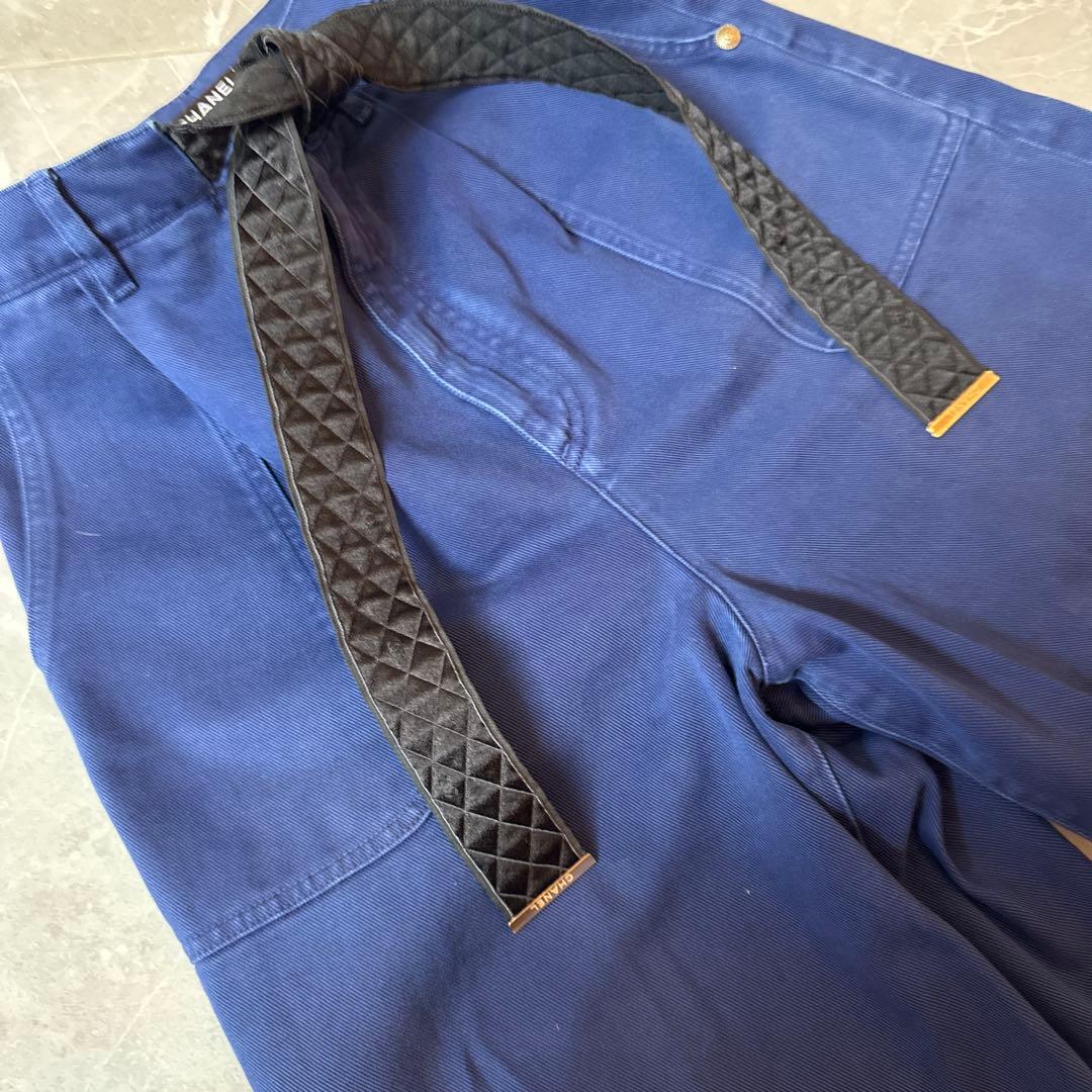 シャネルネイビー キュロットパンツ ベルト縫い付けロイヤルブルー