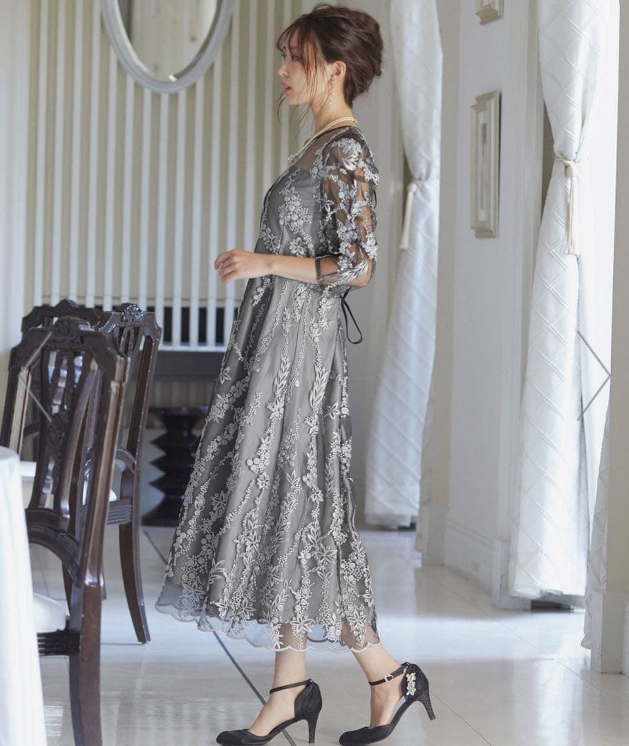 刺　レース　リボン　パーティー　結婚式　オケージョンドレス　黒　シルバー　グレー