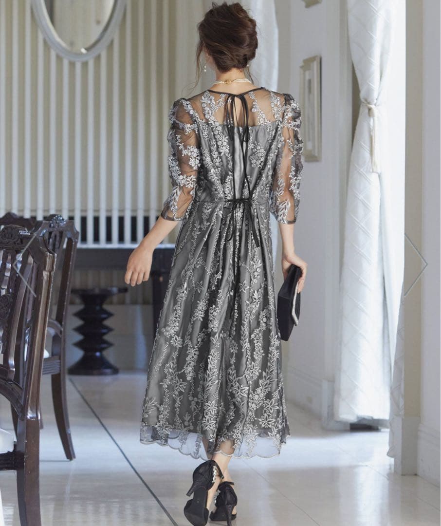刺　レース　リボン　パーティー　結婚式　オケージョンドレス　黒　シルバー　グレー