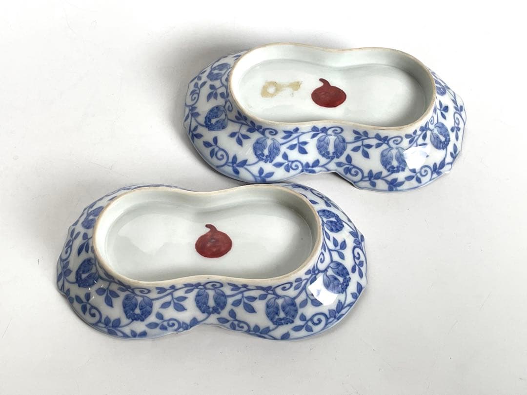 骨董　アンティーク　色絵　祥瑞　金襴手　双菊　瓢箪　向付　変形皿　2枚組