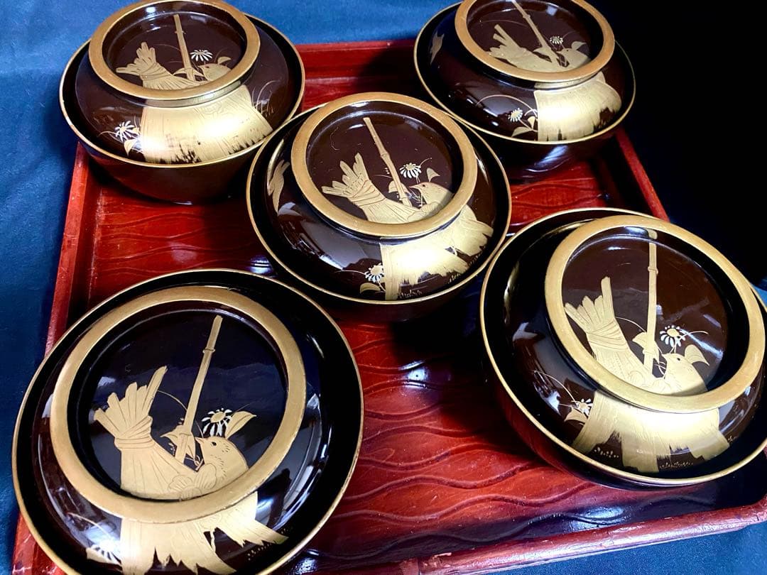 アンティーク 輪島塗 漆器セット 天然木 蒔絵 菓子椀5客 ,沈金 2段重箱