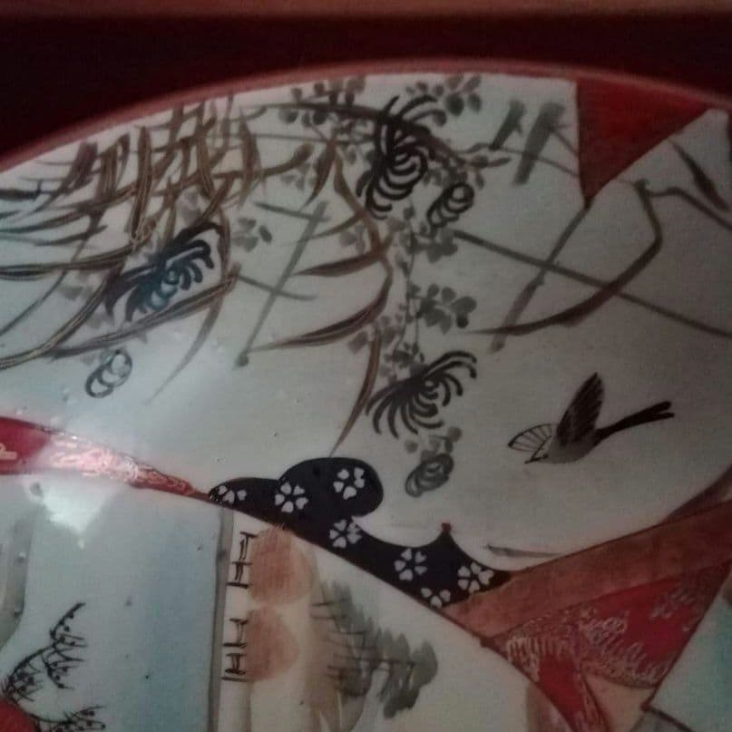 九谷焼　赤絵　鉢　手描き　人物　花鳥図　窓絵　明治　大正ロマン　和骨董
