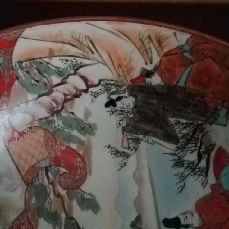 九谷焼　赤絵　鉢　手描き　人物　花鳥図　窓絵　明治　大正ロマン　和骨董