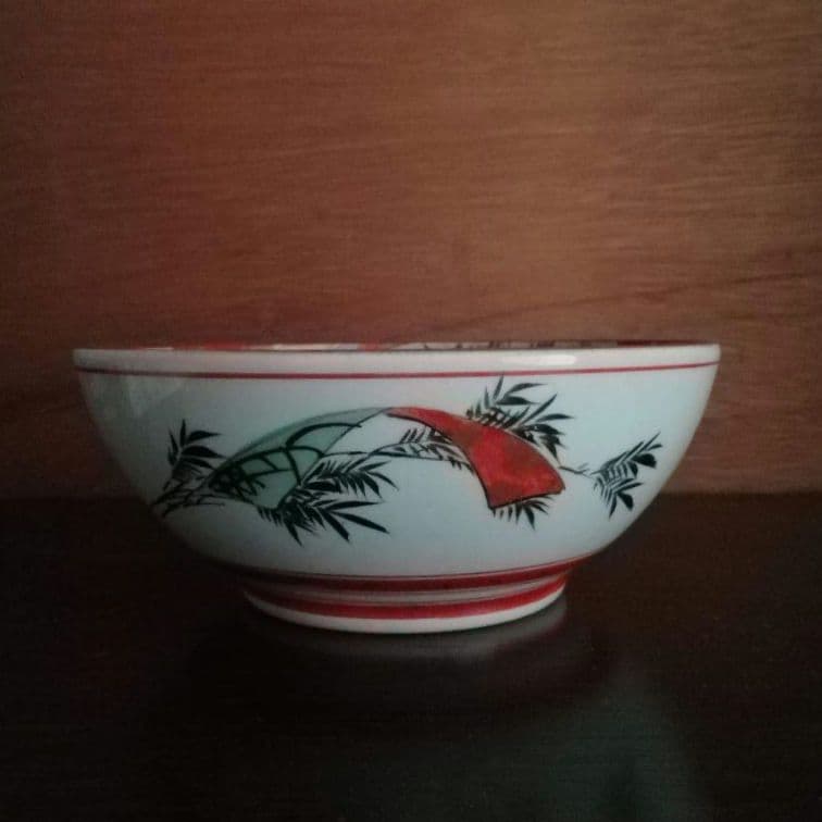 九谷焼　赤絵　鉢　手描き　人物　花鳥図　窓絵　明治　大正ロマン　和骨董