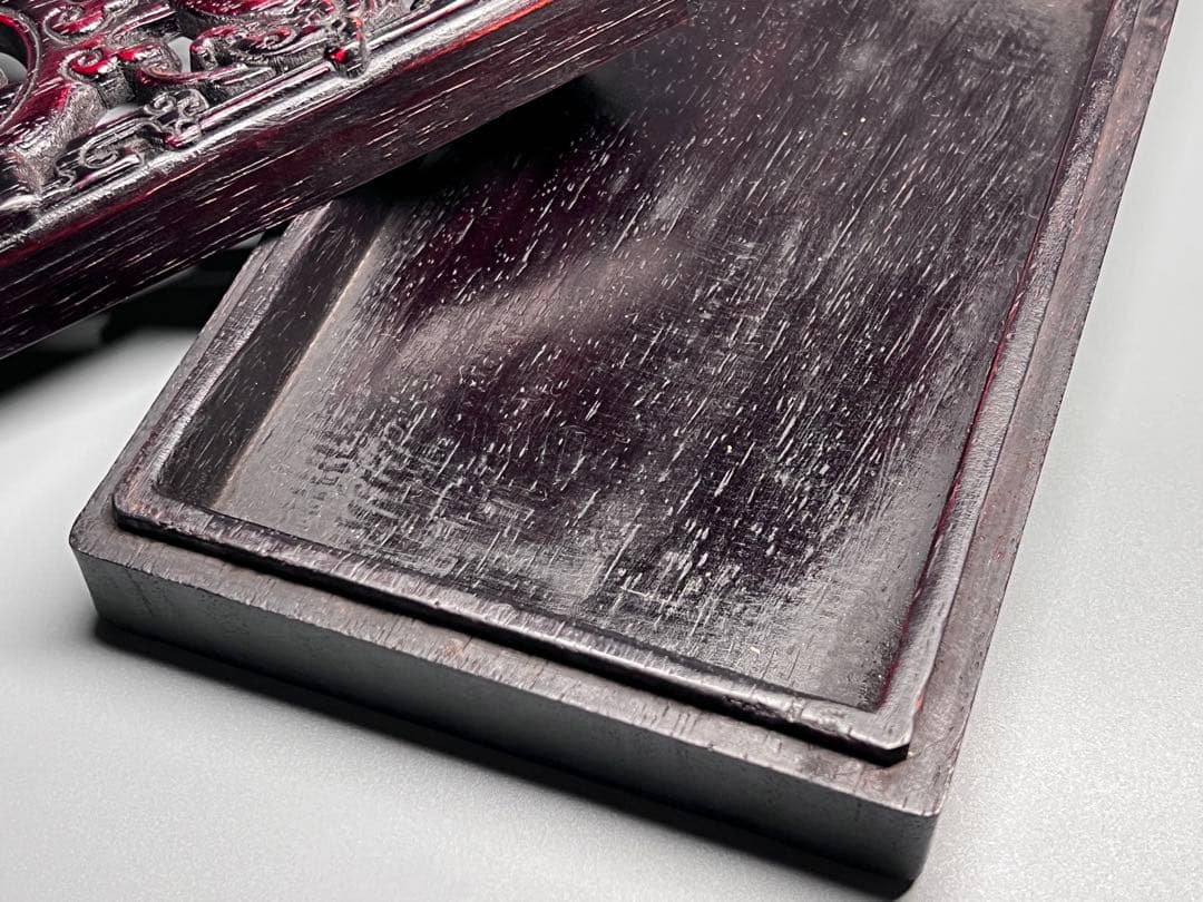 木製 透かし彫り 唐木 硯箱 文箱 書道具 巻雲紋 長方形 コレクション