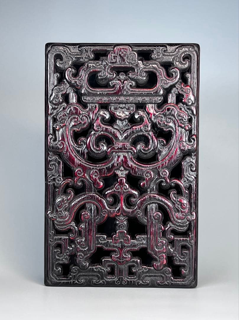 木製 透かし彫り 唐木 硯箱 文箱 書道具 巻雲紋 長方形 コレクション