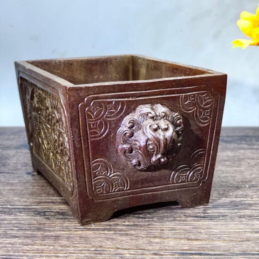 銅器 鳳凰紋獣耳長方炉 焼香炉 挿し香炉 仏具 馬槽炉 机頭炉 工芸品 置物