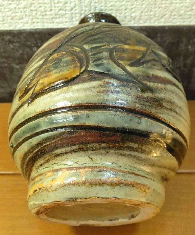 人間国宝 金城次郎 壷屋焼 徳利 栞 共箱 美品 壺屋焼 やちむん 笑魚紋徳利