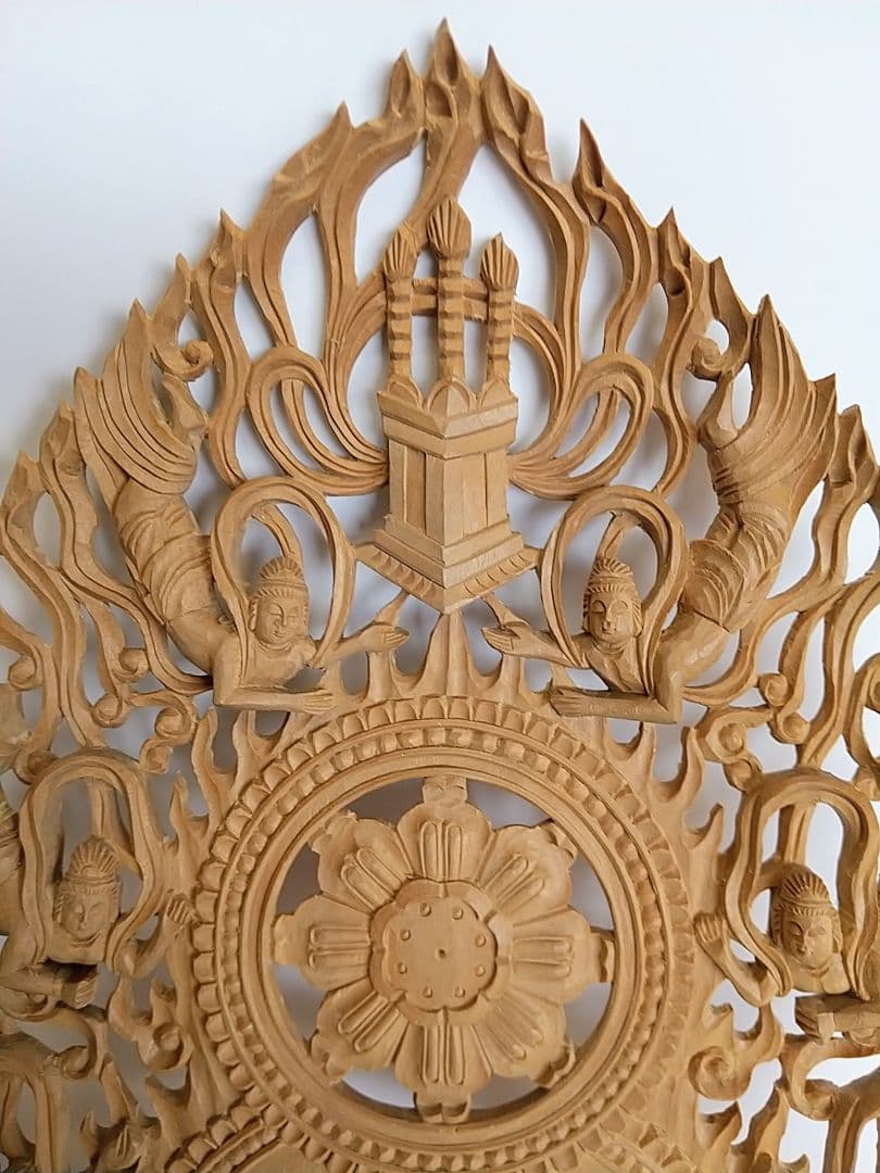 光背(3寸坐像用)#206 六飛天 角宝塔 透し彫◇白檀 木彫 仏像付属品