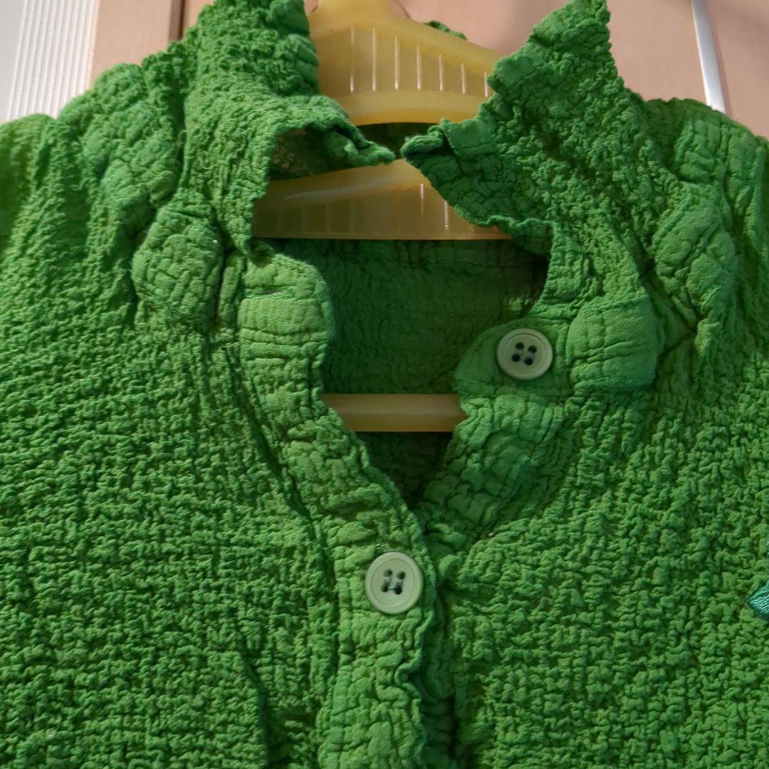 グリーン 半袖ポロシャツ 赤い花刺繍