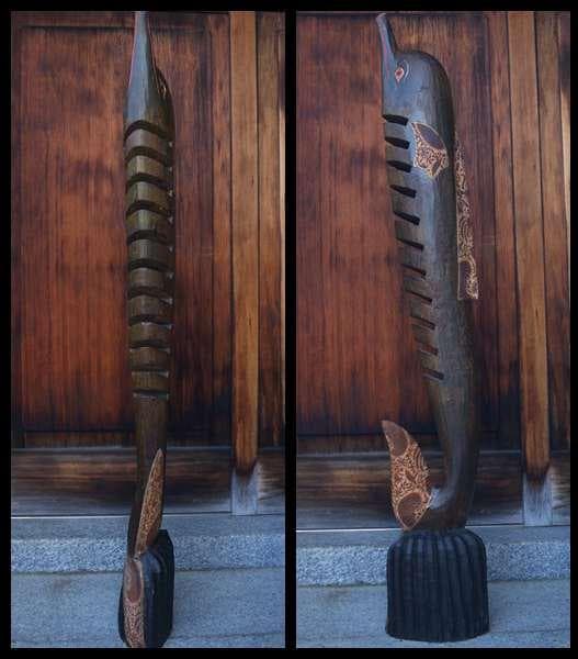 民俗バリ島 職人作品木製一刀彫り大型『イルカ』オブジェ更紗装飾 高