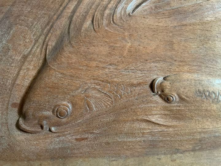 鯉　木彫　欅の板　レリーフ