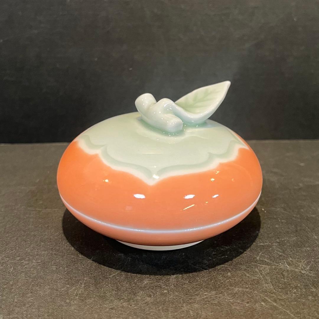 未使用　人間国宝 井上萬二「彩釉 柿 香合」共箱共布陶歴あり