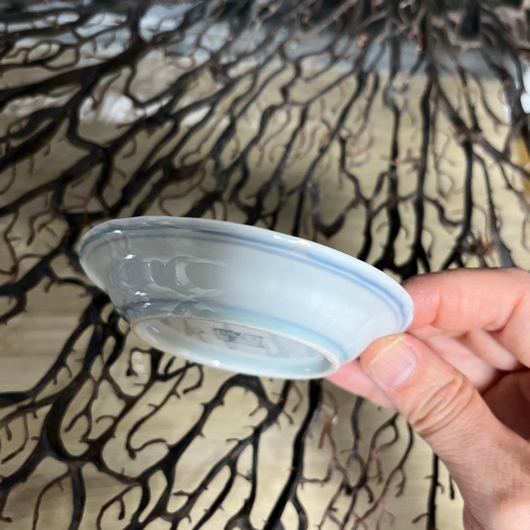 骨董　古伊万里　九谷　染付　角福　花木　丸兎　兎図案　波フチ　豆皿　手塩皿１客