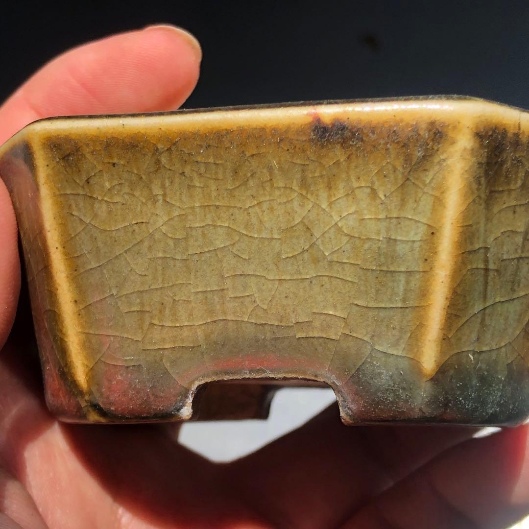 436.正子 窯変織布釉切角長方 盆栽鉢 7.6*6*3.7cm