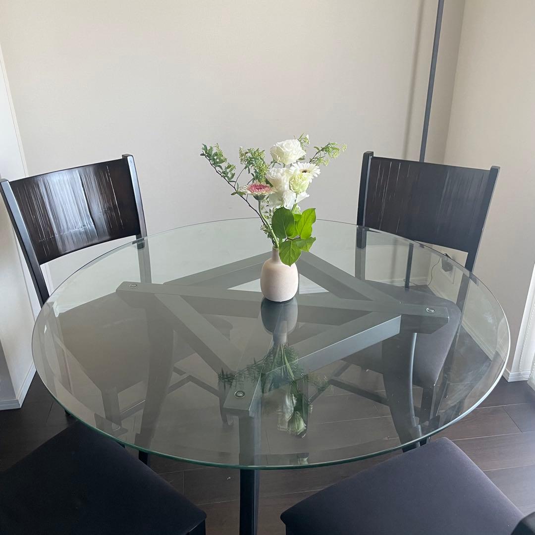直径110cmガラスラウンド ダイニングテーブル & ダイニングチェア4脚セット