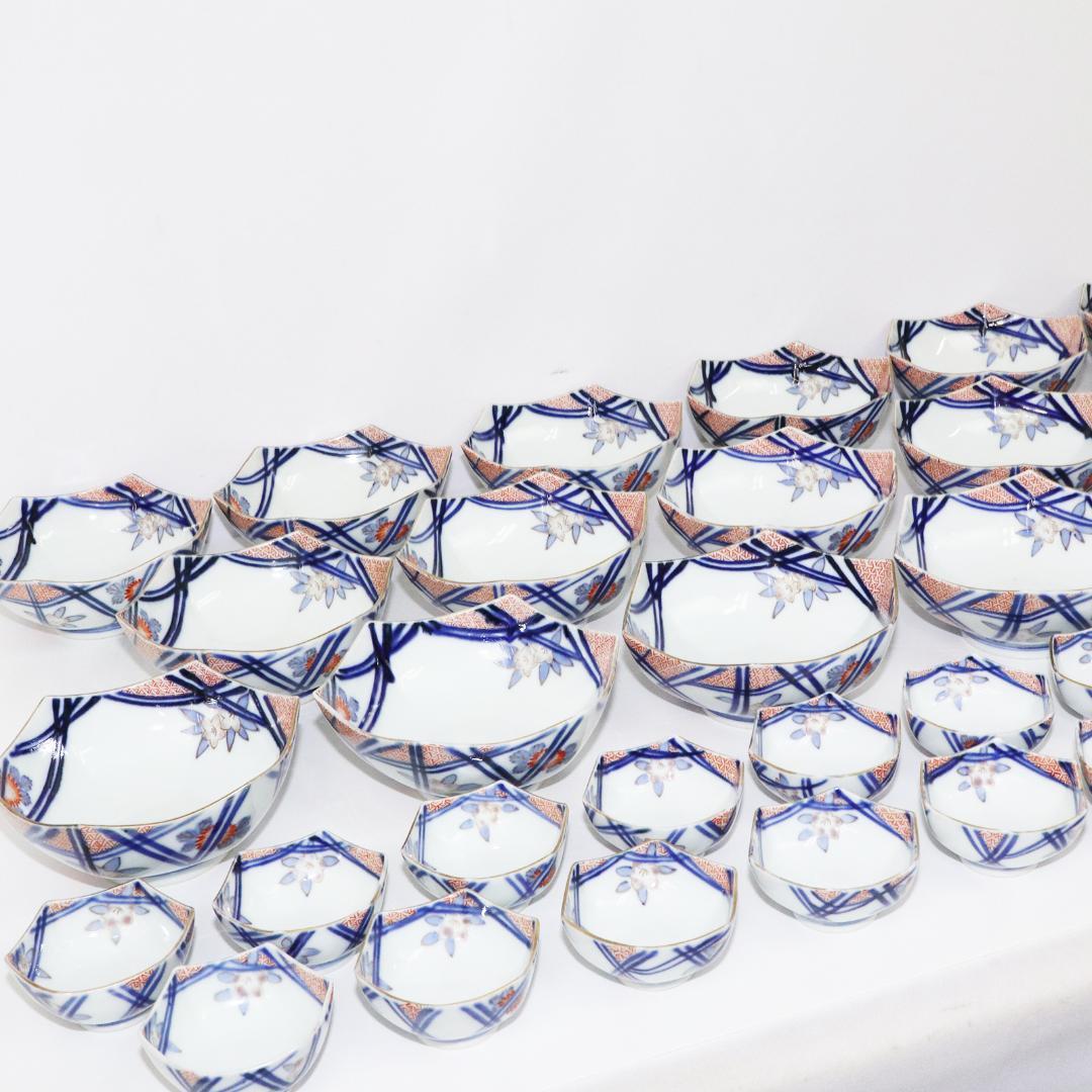 陶泉堂 桔梗型器 染付 金彩 膾皿 17客 小鉢18客 木箱