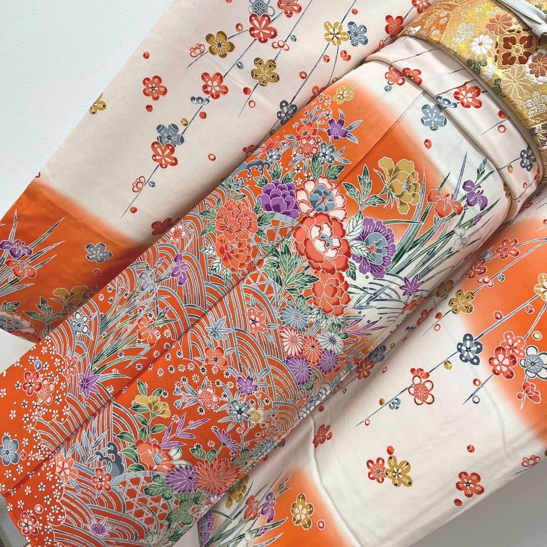 14 振袖フルセット 正絹 朱赤 薄桃 緑 紫 型染め 暈し染め レトロ 華やか