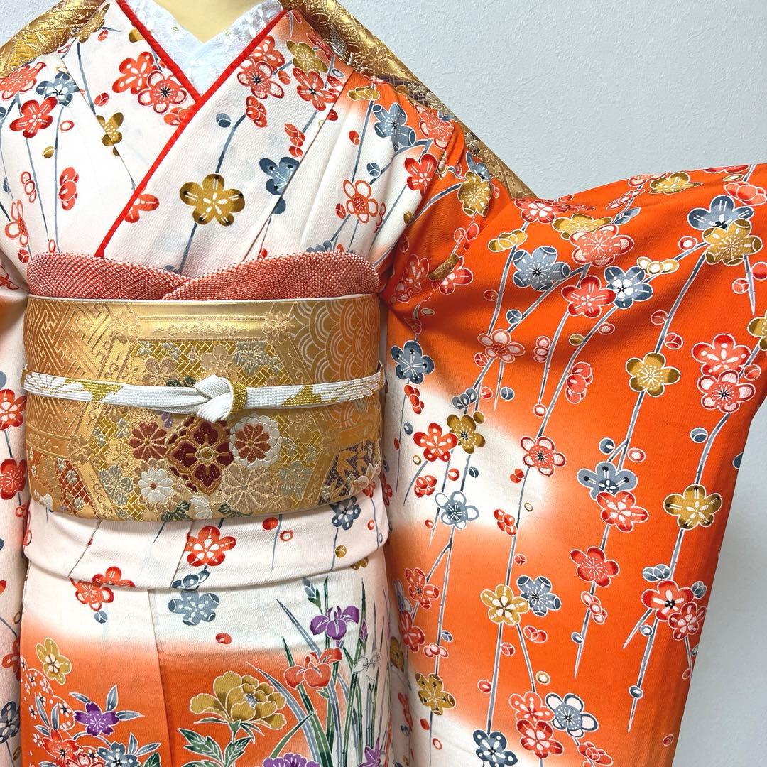 14 振袖フルセット 正絹 朱赤 薄桃 緑 紫 型染め 暈し染め レトロ 華やか