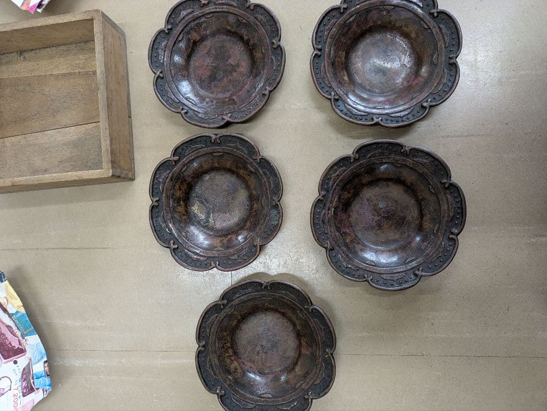 古銅製風 小皿 5客セット 共箱付 骨董品 アンティーク 工芸品 現状品
