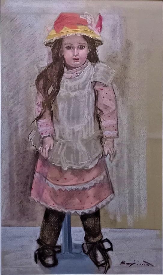 小島俊男　タイトル「人形」　パステル画　サインあり　金縁額装　黄袋、専用箱付き