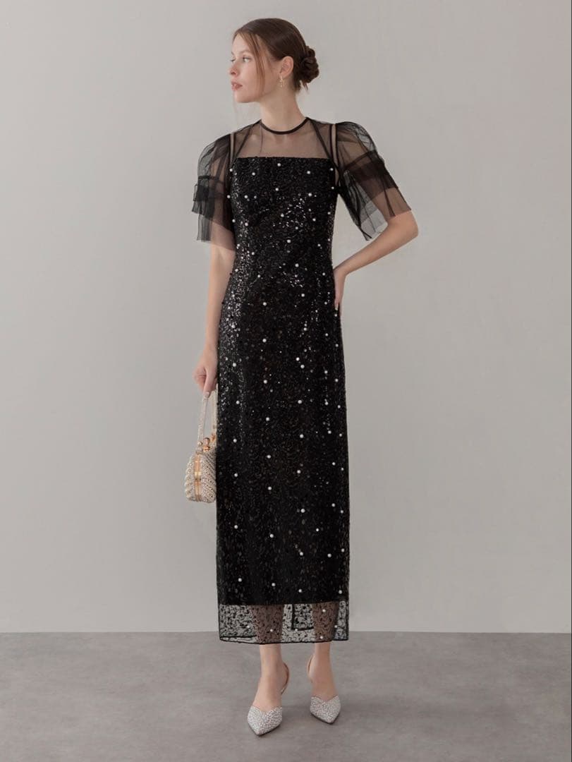 スパンコールパールミックスボレロIラインワンピースドレス結婚式二次会パーティー